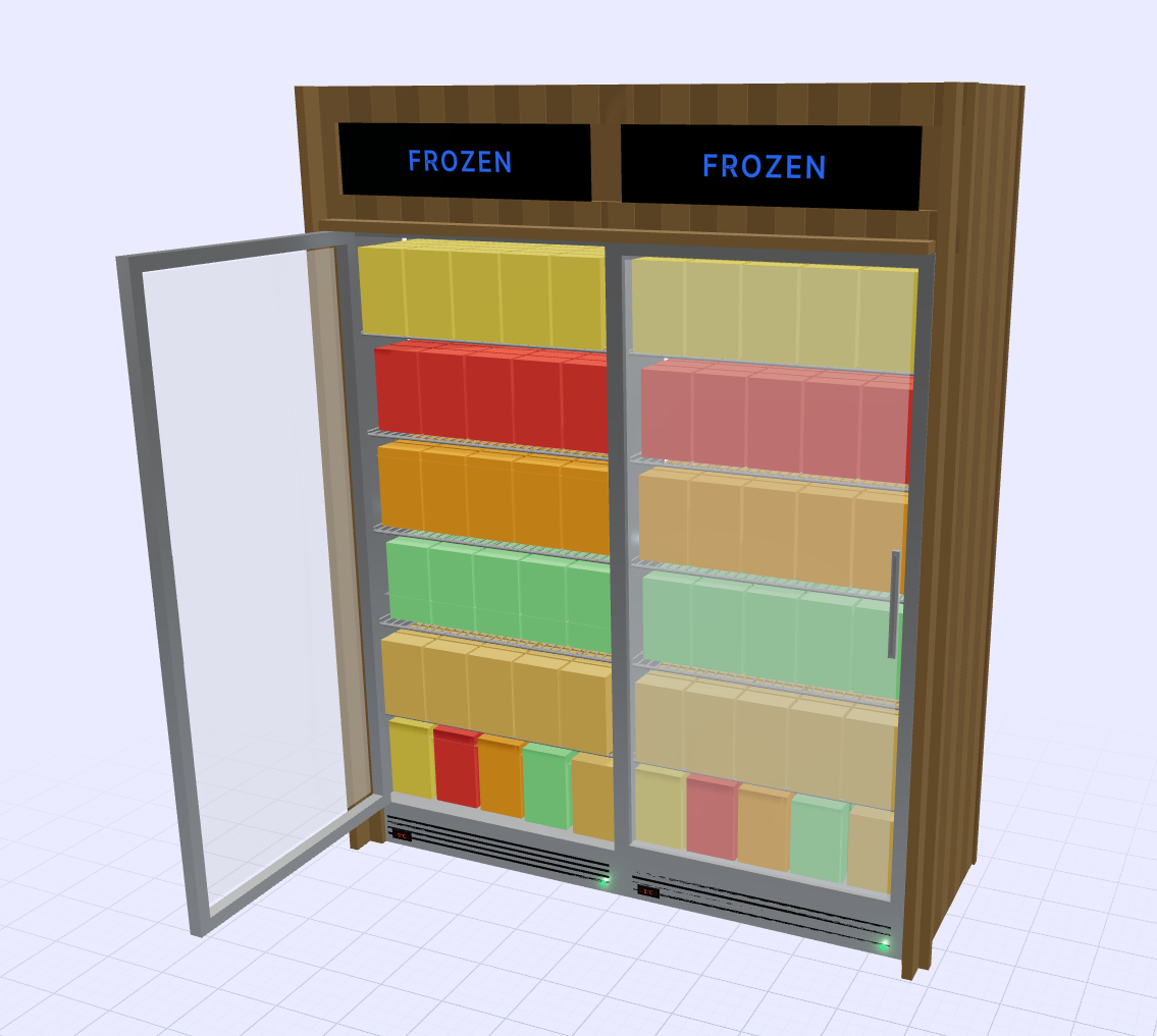 Two glass-door frozen food coolers with FROZEN signs, one door open, rendered in 3D with colourful frozen packs on every shelf