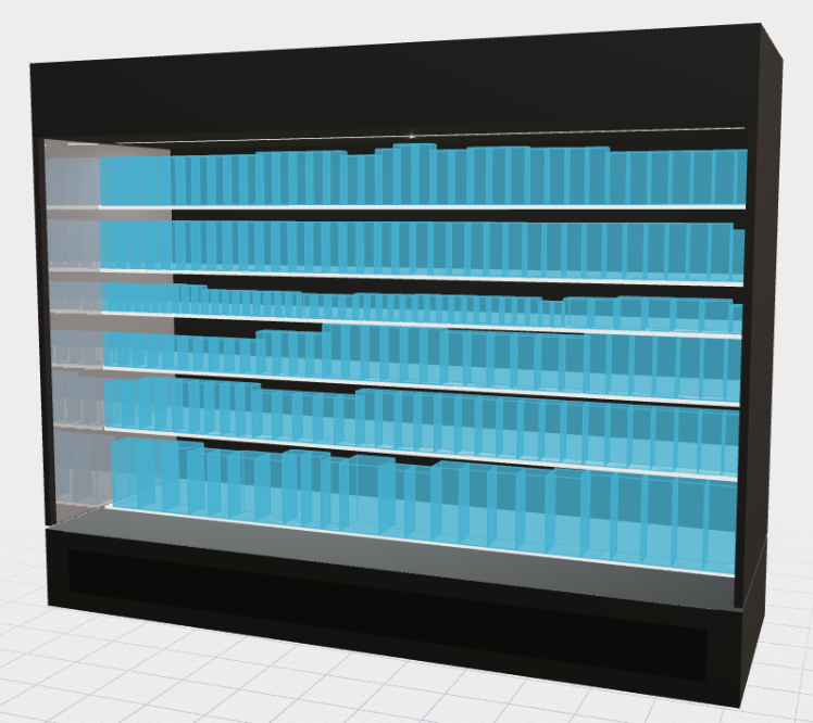 Refrigerated set with translucent dimensioned space shells mapped across every shelf position