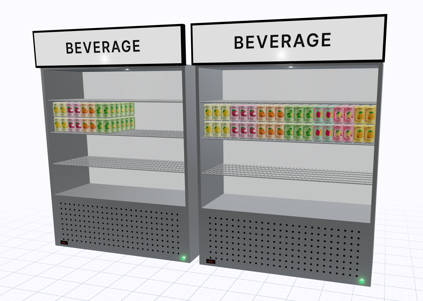 Two open-front beverage coolers rendered in 3D with BEVERAGE header signs and canned drinks on the shelves