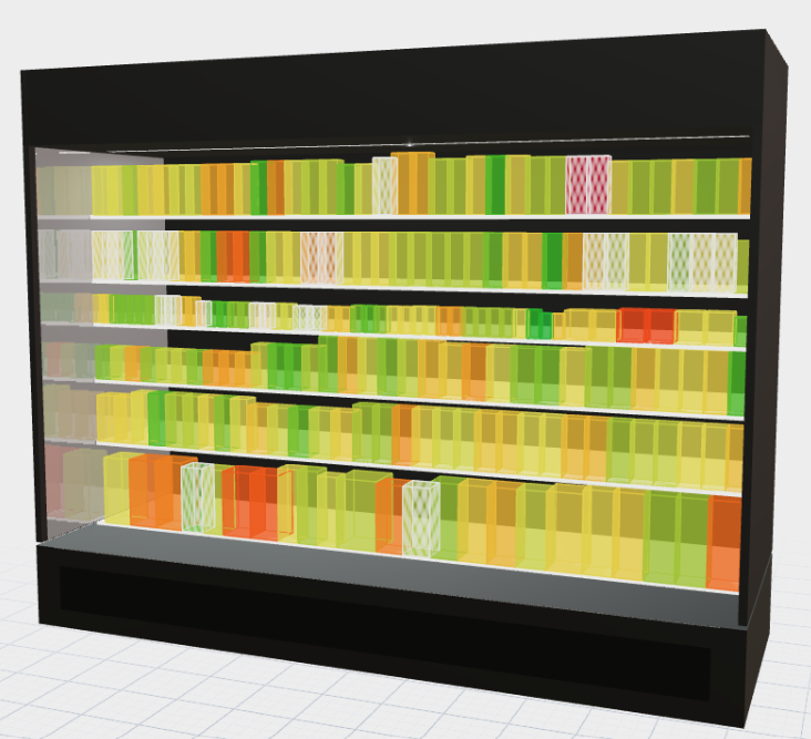 Same refrigerated set with shells shaded green to red by velocity performance