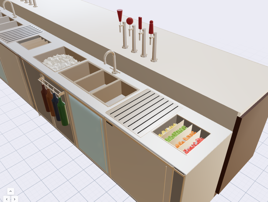 3D render of a bar service well with sinks, ice well, garnish tray and tap towers