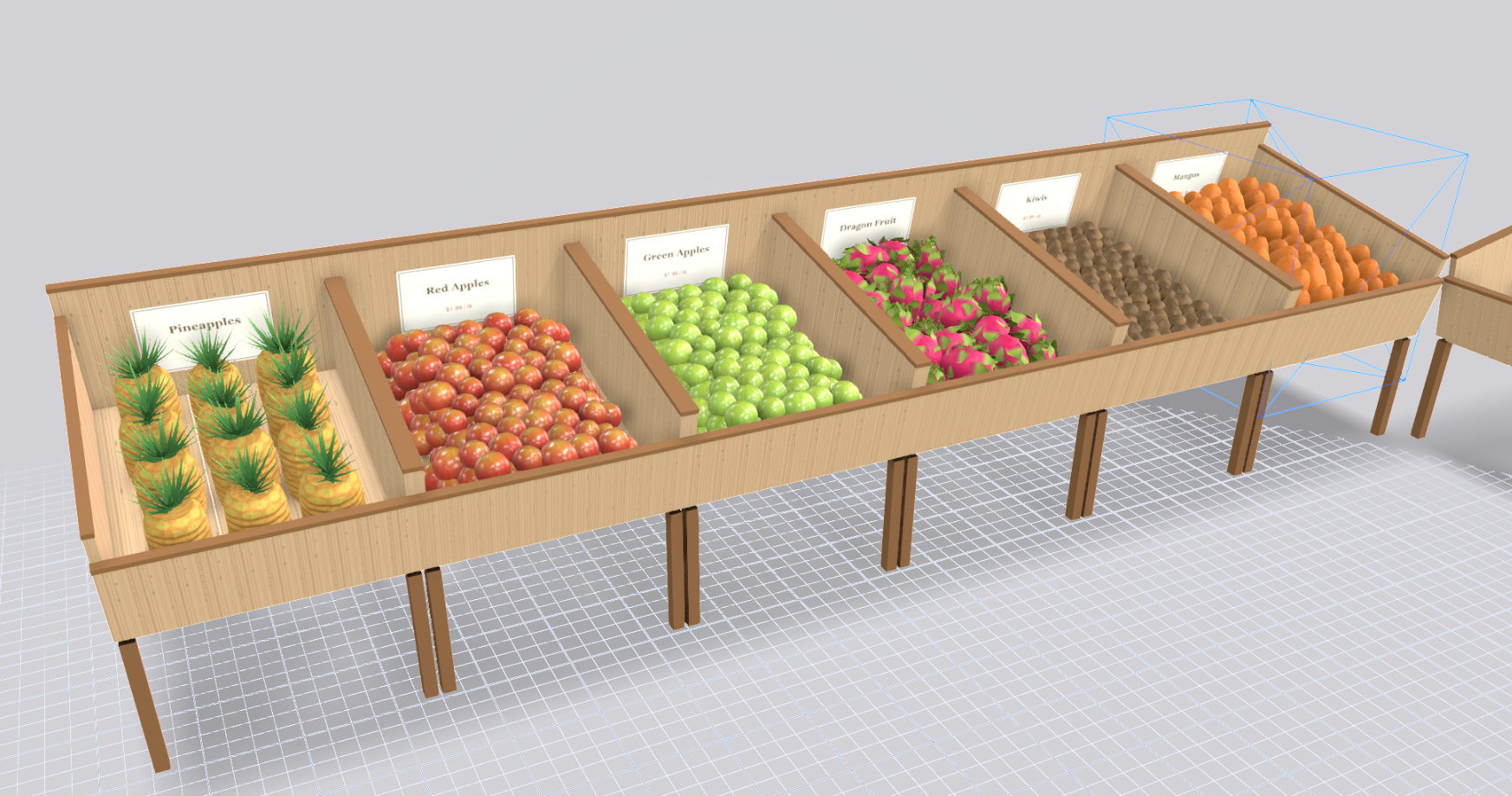 3D render of a produce department with bins of loose fruit and vegetables