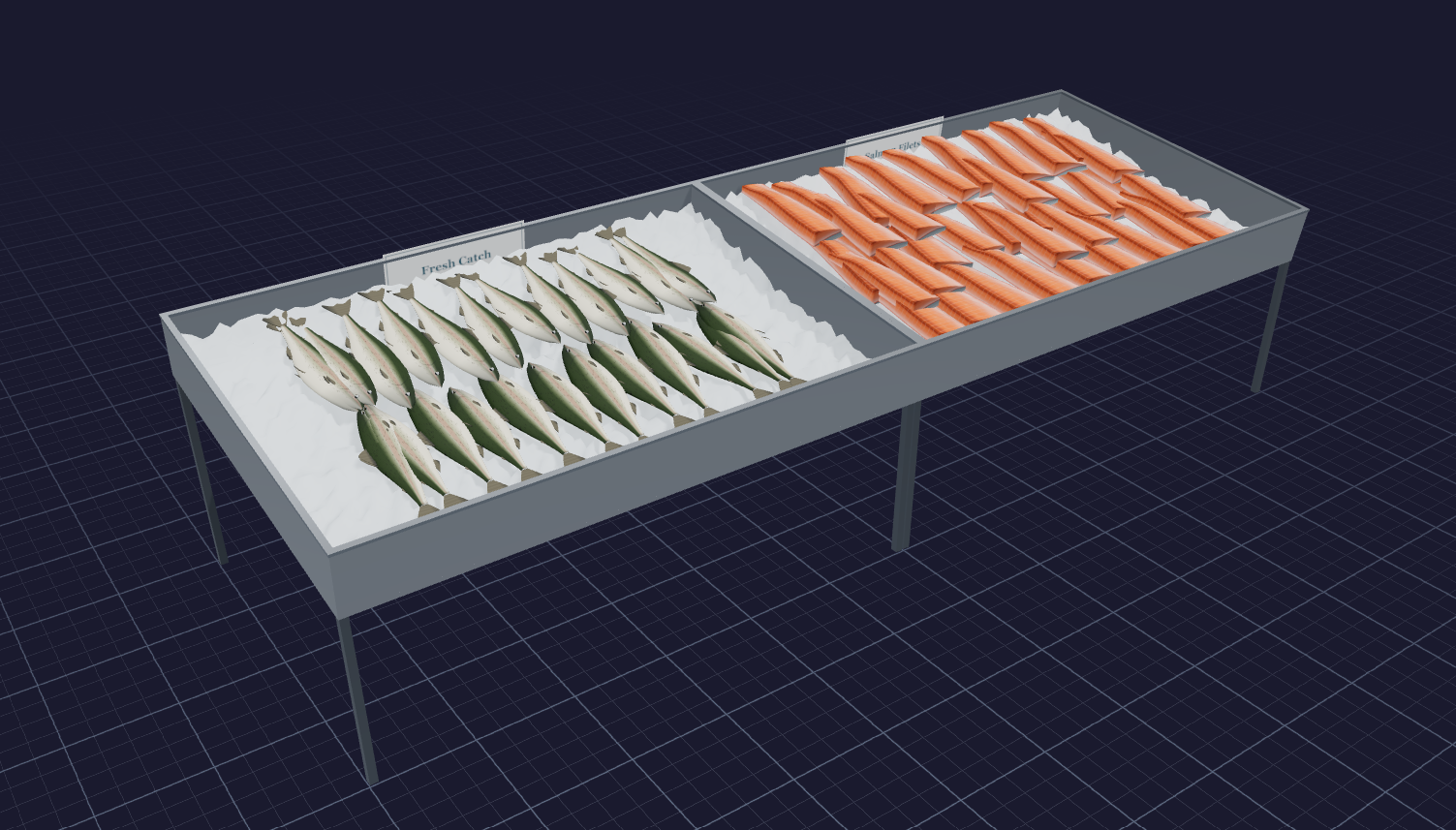 3D render of a seafood case with a Fresh Catch ice bed of whole fish beside a bed of salmon fillets
