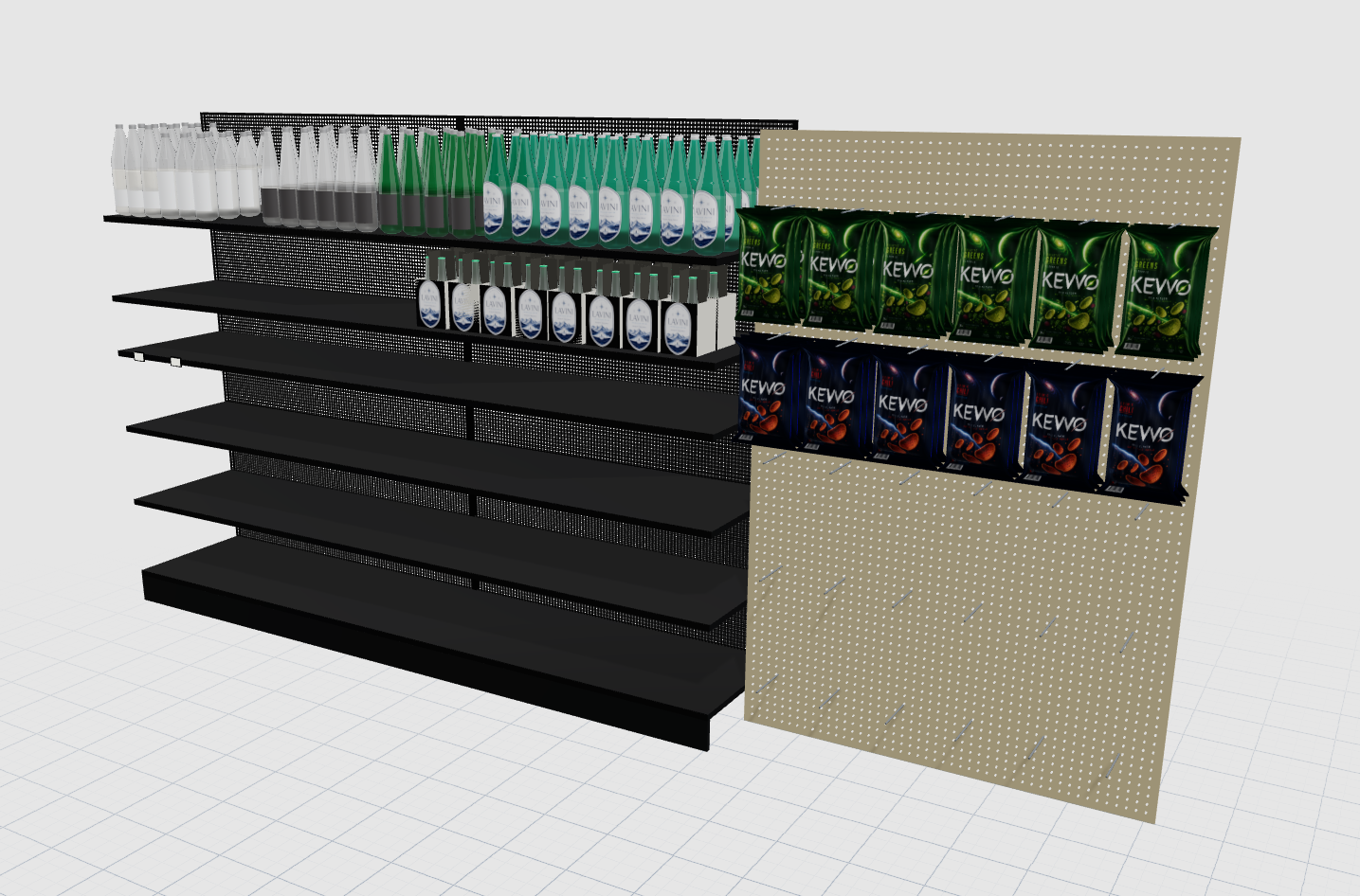 3D render of a center-store ambient shelf next to a pegboard with snack bags on peg hooks