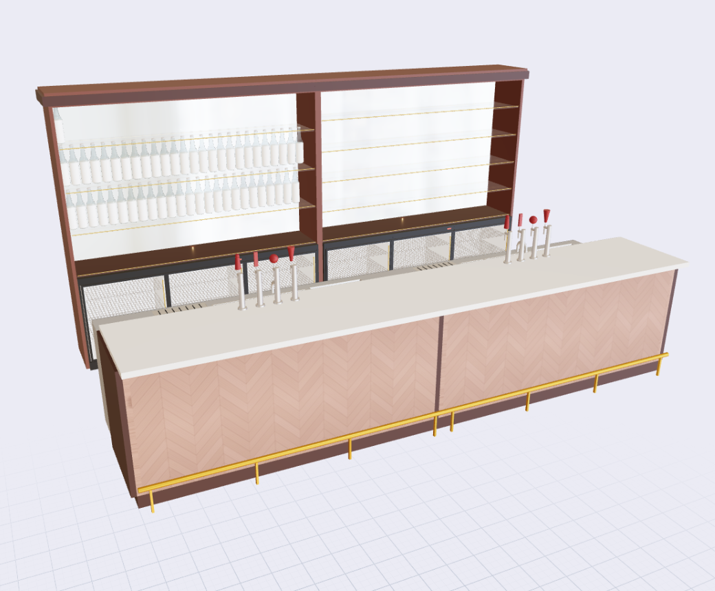 Full 3D render of a bar with back bar merchandiser, under-counter coolers and tap towers