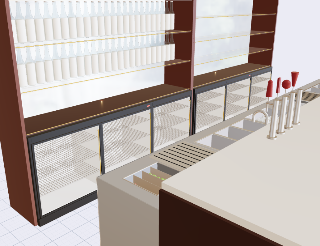 3D render of a lit back bar with bottle shelving above glass-door refrigeration