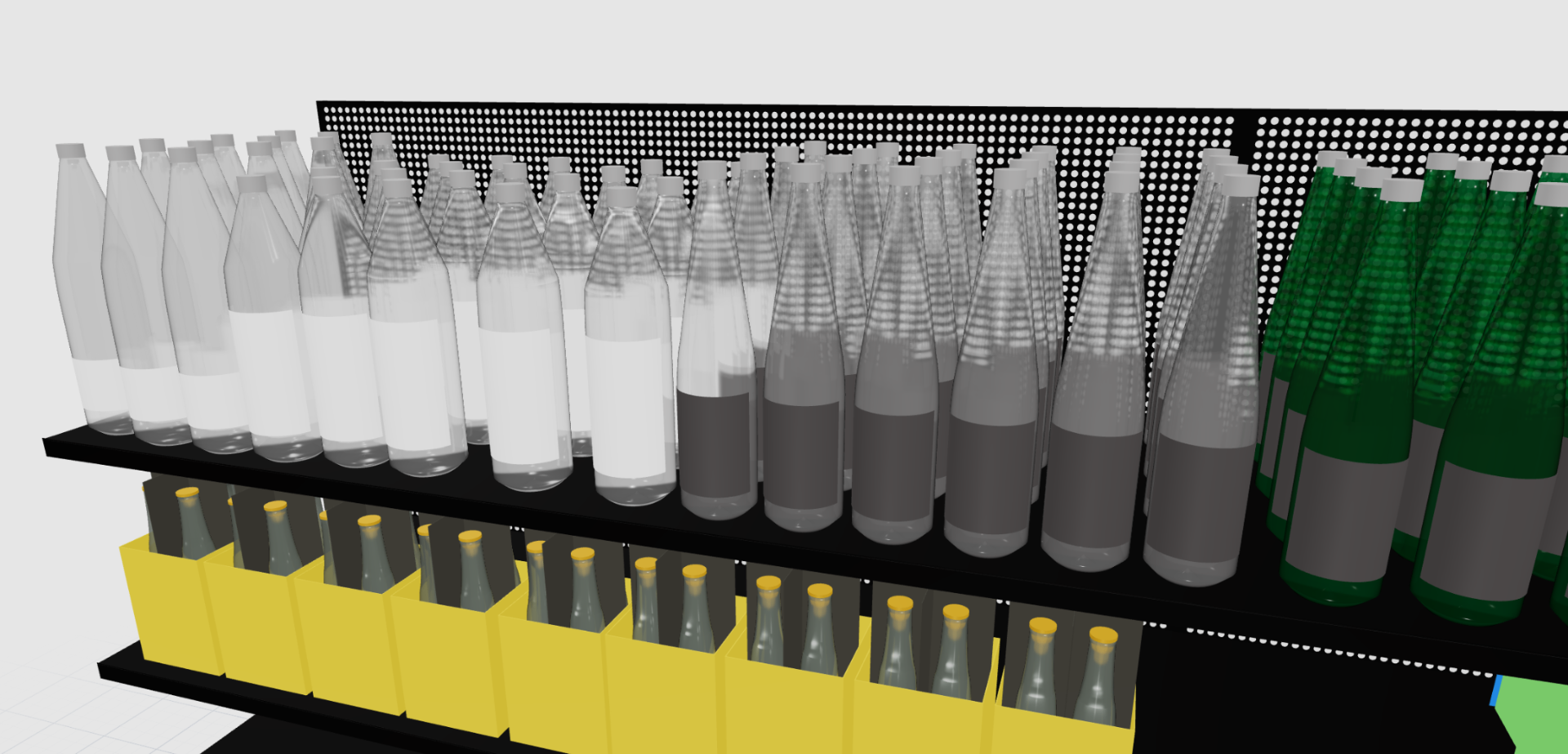 Beverage section planogram with glass bottles merchandised on shelving